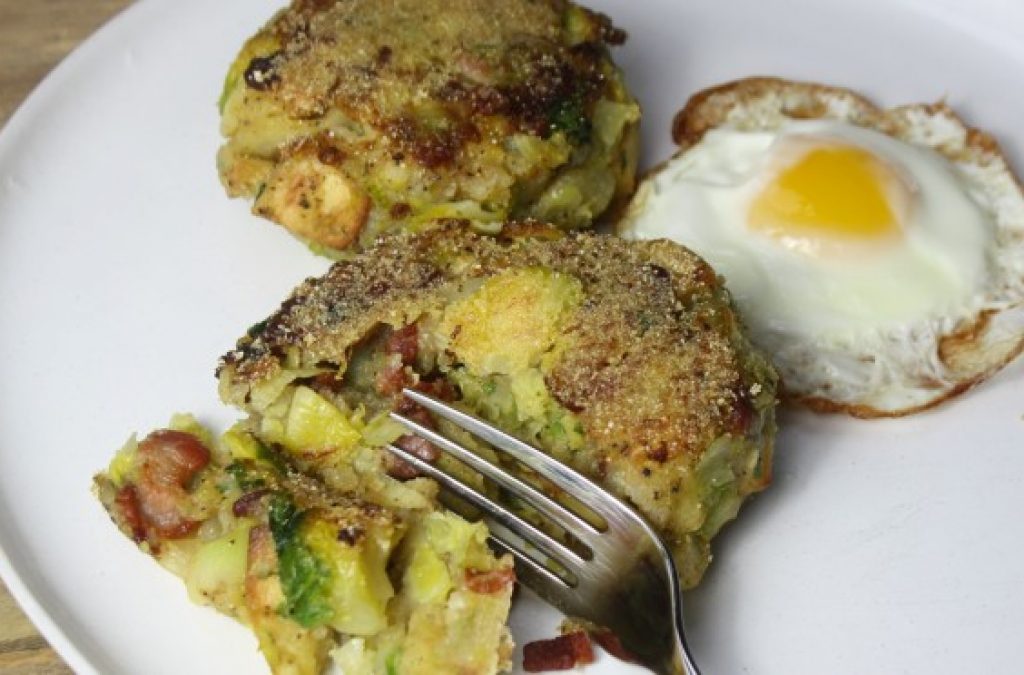 Parsnip, brussels sprout & bacon potato cakes